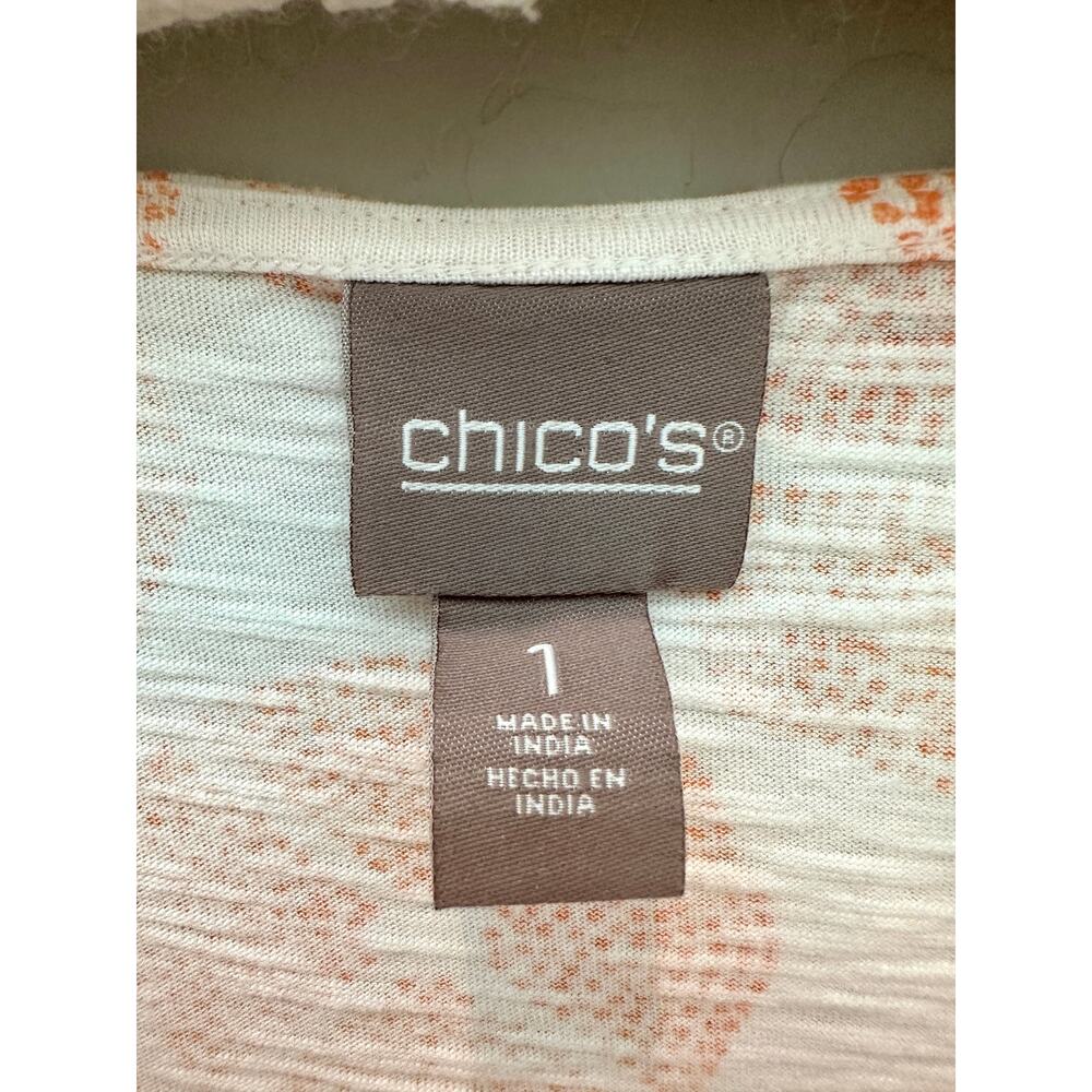 CHICO’S Orange Geometric Print Top 3/4 Sleeve Eyelet Trim Tee | Size 1 Medium - Picture 6 of 8